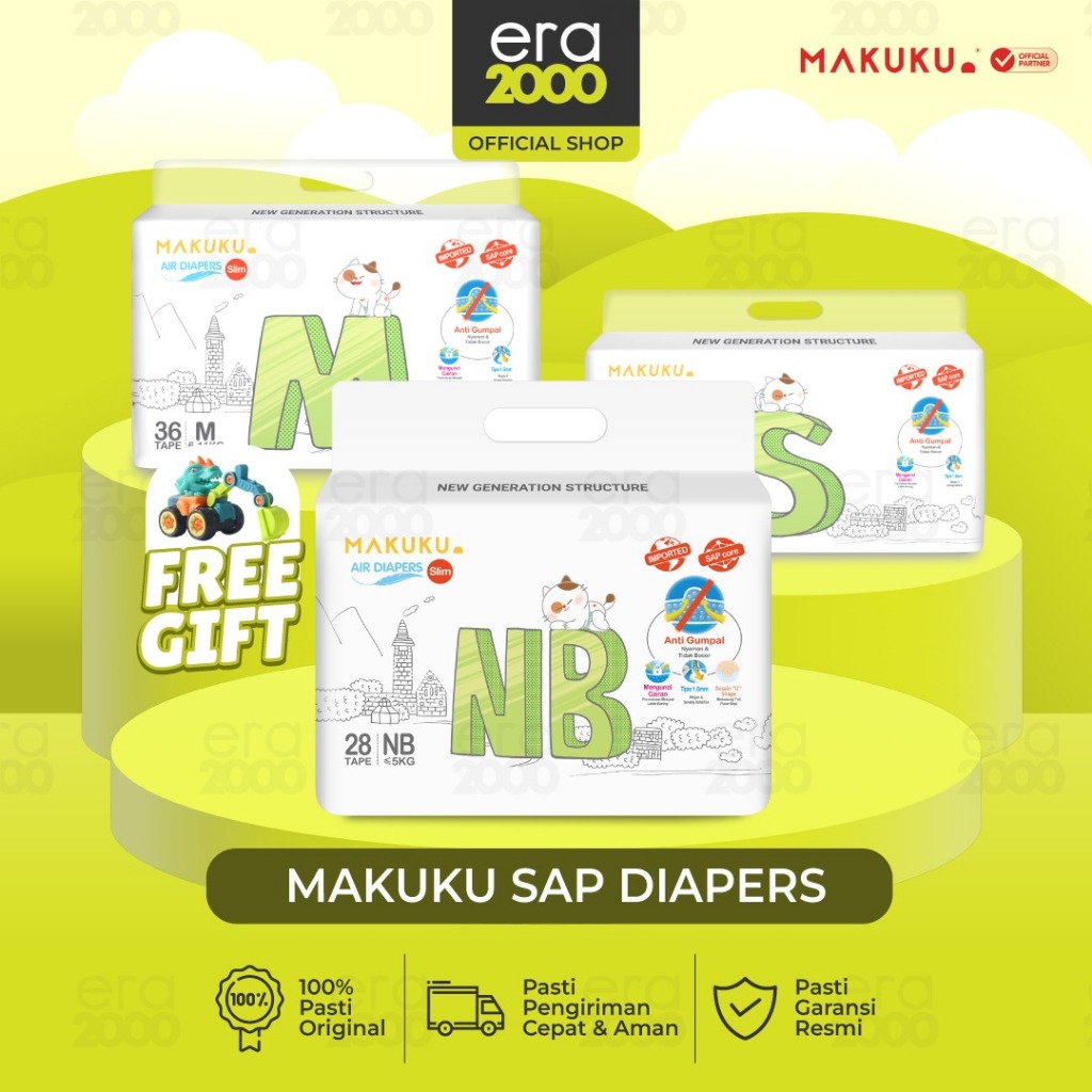 Era 2000 [6 Pack] MAKUKU Diapers Slim Tape NB28 1 Karton Popok Bayi Pampers Anti Gumpal