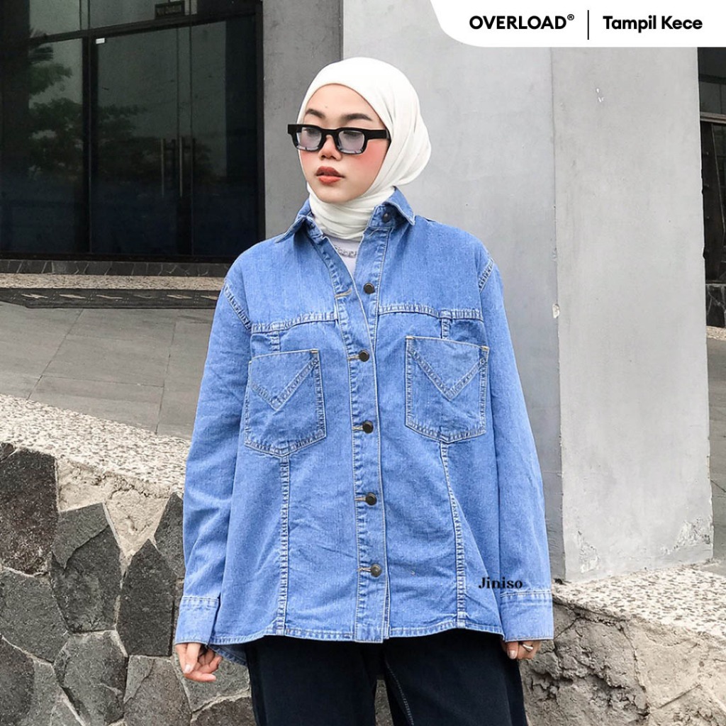 JINISO Jaket Jeans Oversize Safari Baby Blue