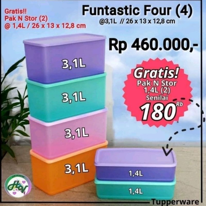 

Tuperware Colorful Funtastic Four 4pcs Free 2pcs Pak N Stor Kotak Toples Serbaguna