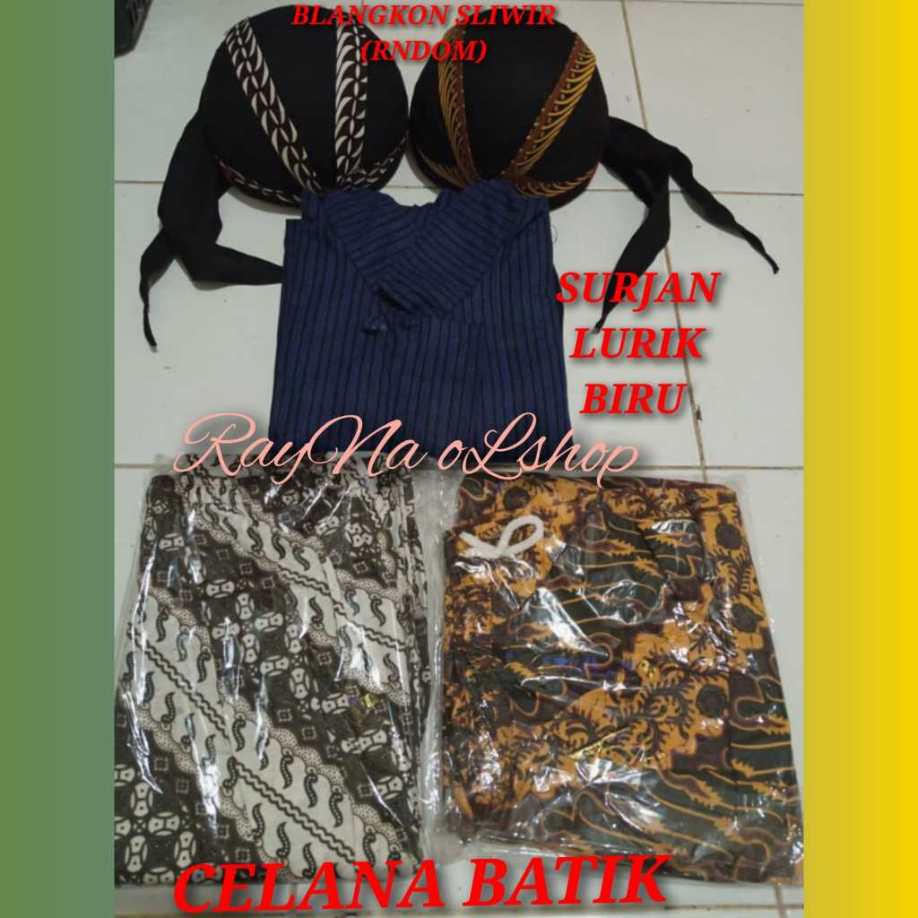 1 SET BAJU SURJAN LURIK BIRU + BLANGKON SLIWIR + CELANA BATIK, PAKAIAN TENUN PRIA MODERN KLASIK KHAS