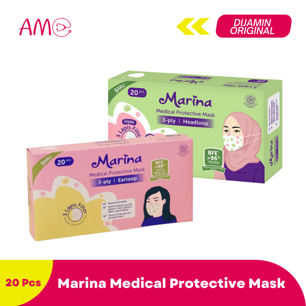 Marina Medical Protective Mask Earloop Headloop 1 Box 20 Pcs / masker medis 3 lapis