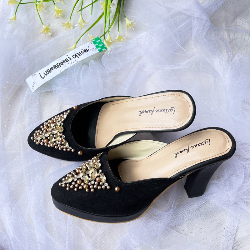 ANELIS I Sepatu pengantin heels payet  mewah warna hitam hak 10 cm bisa custom warna lain heels paye