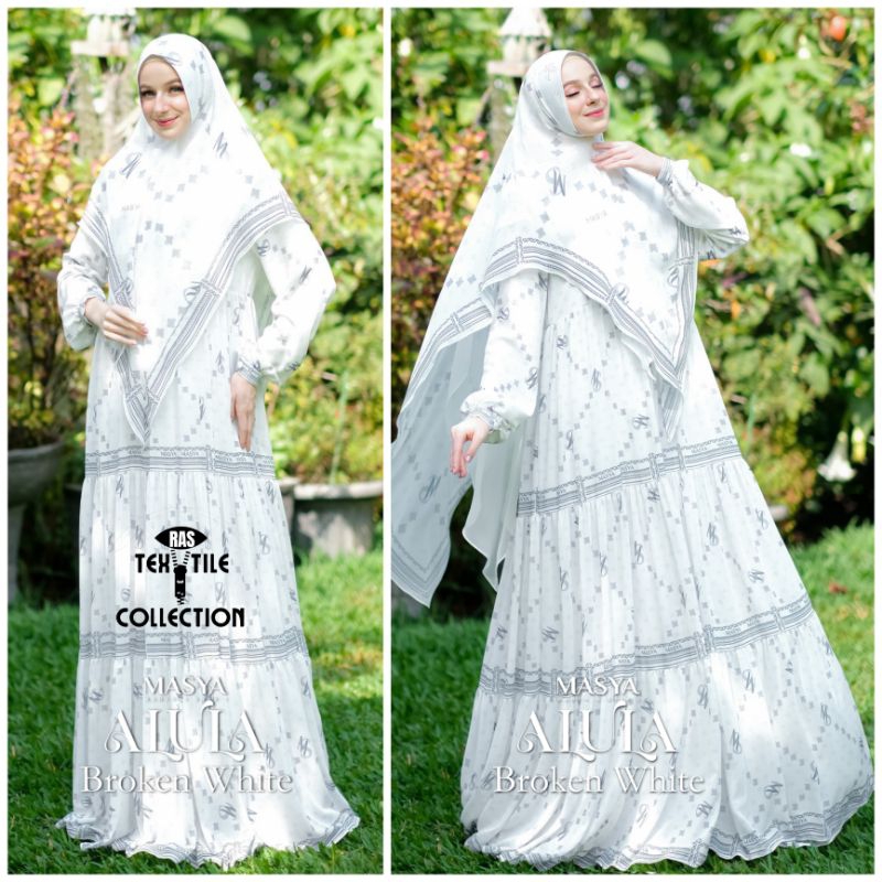 Set Gamis Dress Ceruty Babydoll Printing Premium Syari Warna Putih Broken White Mewah Masya Syari Or