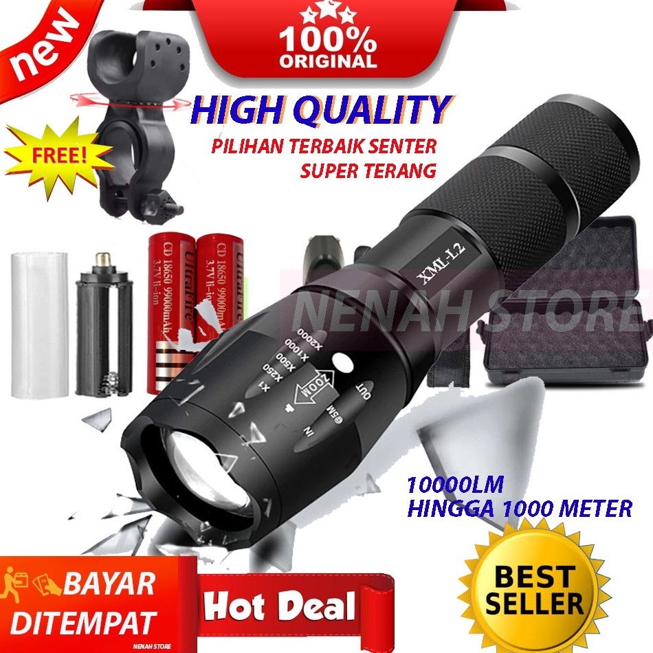 Paling Disukai.. Paket Senter 10.000 Lumens Original Best Quality Senter Gunung LED Super Terang/ Se