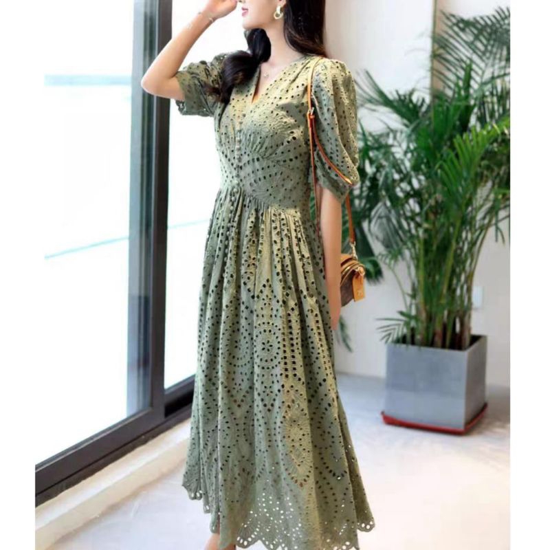 51200 Baju mididress EMBROIDERED LACE KATBOL MIDI DRESS lengan pendek dres Korea Korean style wanita