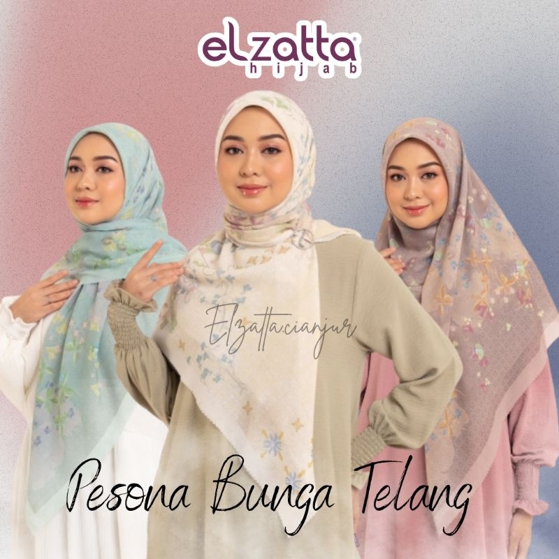 ELZATTA HIJAB SEGI EMPAT KANARA PESONA BUNGA TELANG BAHAN VOAL PREMIUM MOTIF PREMIUM KERUDUNG ELZATT