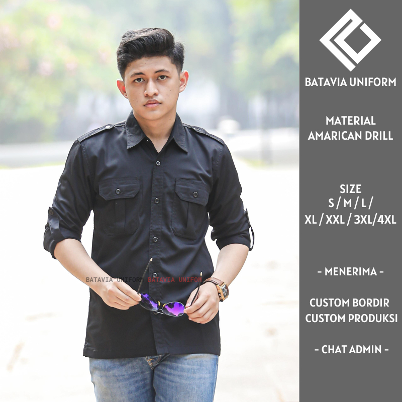 Baju PDL Pria Lengan Panjang - Kemeja Seragam Kerja Dinas Lapangan PDL PDH Hitam Bahan American Dril