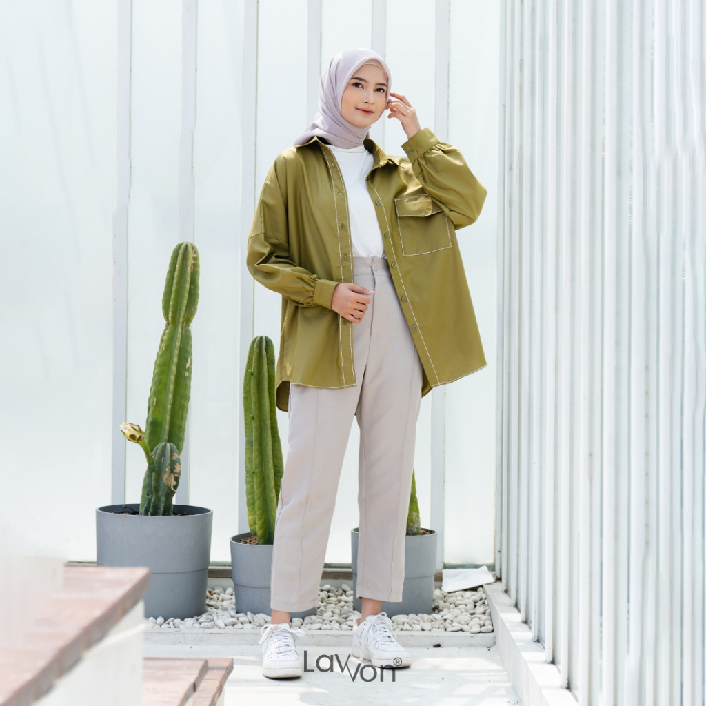 BELLE BLOUSE Olive Kemeja Wanita Casual Simple Kekinian Original By Lavvon