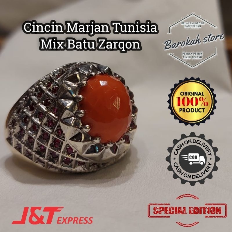Cincin Akik Ring Emban Perak Marjan Tunisia Red Coral Asli Original 100%