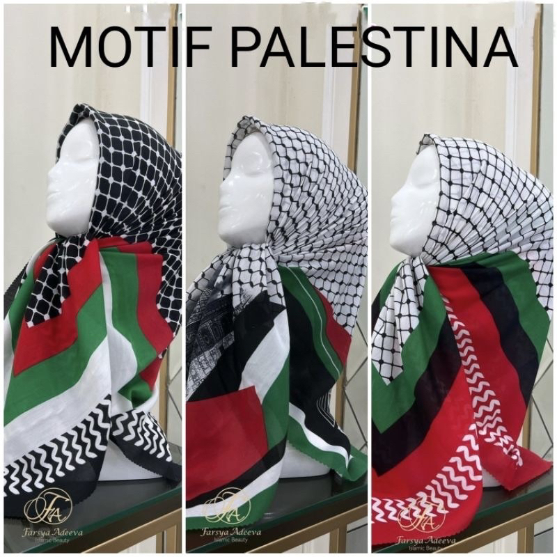 Hijab Segi Empat Voal Motif Palestina Warna Merah Hitam Hijau Putih Jilbab Terbaru