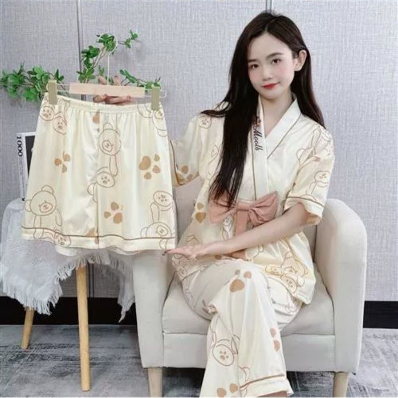 RULIF Baju Tidur Piyama Wanita Dewasa Import 3in1 Lengan Pendek Motif Bordir Krah kancing/Oneset setelan wanita celana hotpant celana panjang baju pendek kancing Flow