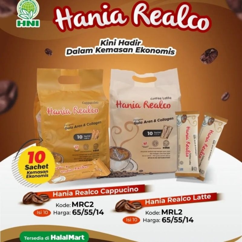 

HANIA REALCO CAPPUCINO HNI HPAI ISI 20 SACHET//Minuman serbuk kopi dengan gula aren dan kolagen, rasa cappuccino.