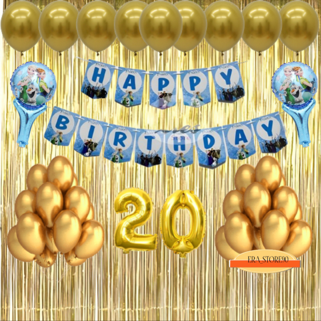 Paket Set Dekorasi Ulang Tahun Anak Balon Metalik Hitam Banner Doraemon Frozen Spiderman Gold