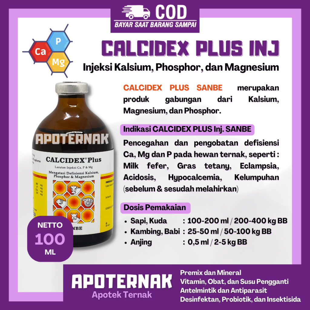 CALCIDEX PLUS Injeksi 100 ml - Obat Lumpuh Kurang Kalsium Fosfor Magnesium Pada Ternak Sapi Kambing 