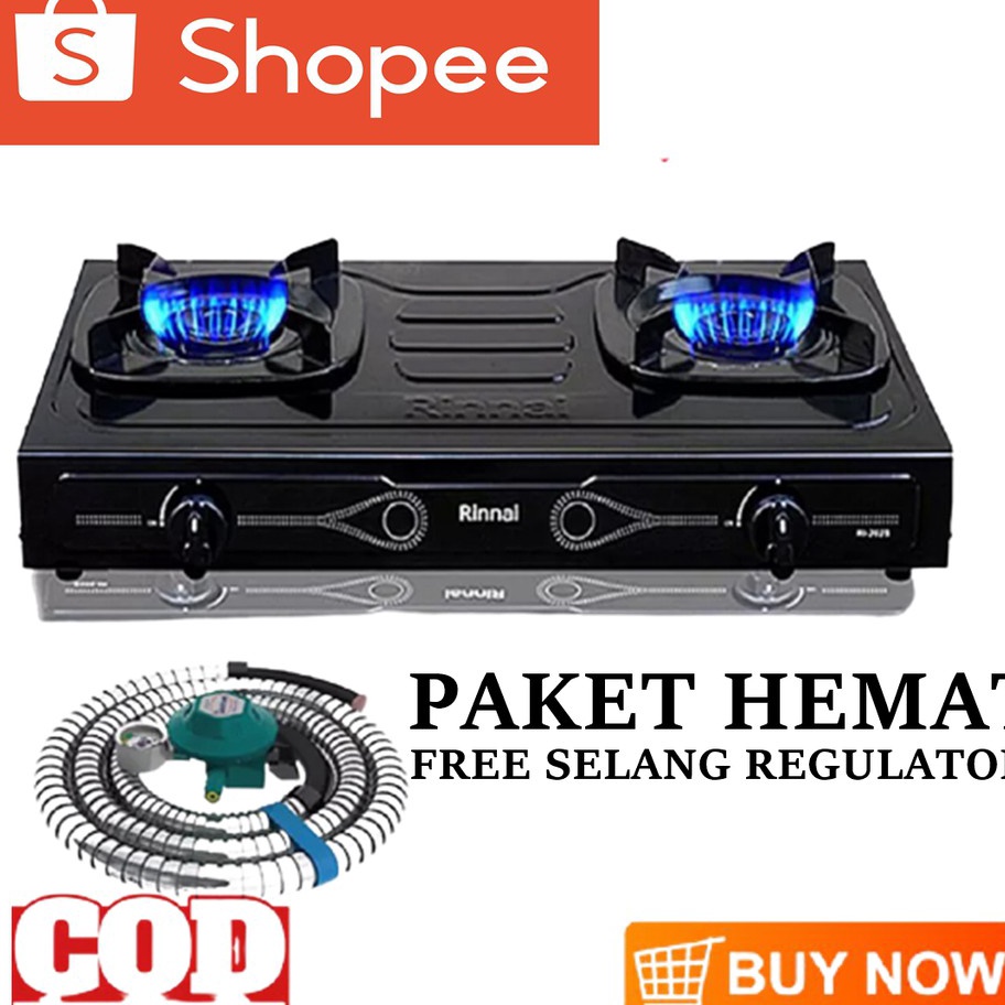 Promo Kompor Gas 2 Tungku RINNAI RI 202S GRATIS Regulator Selang Bahan Sangat Kuat Hitam Teflon SI A