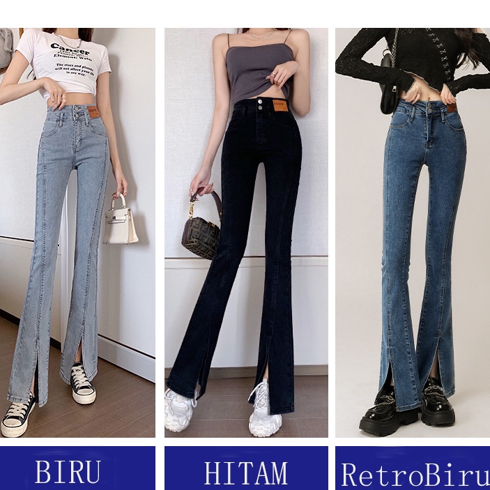 Ready Stock Celana Jeans Panjang Wanita Highwaist Jeans Kulot Cutbray Stretch Motif Belah Depan Baha