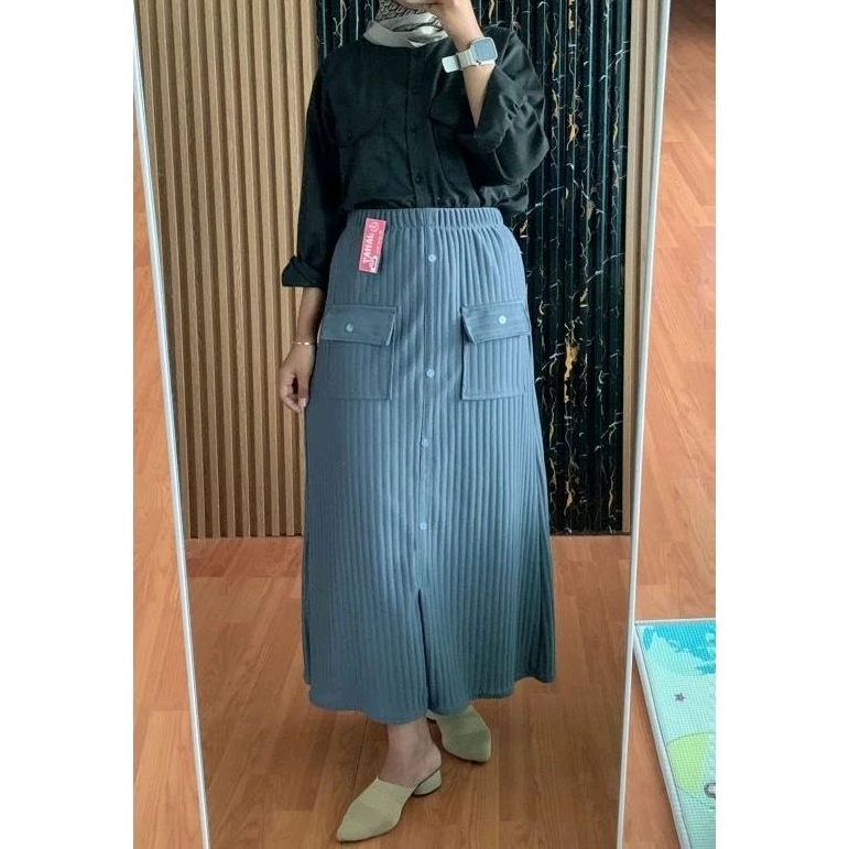 rok cargo knit hornet premium import skirt kancing span kargo rajut saku depan panjang wanita korean