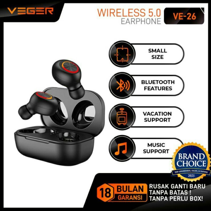HEADSET WIRELESS VEGER ORIGINAL VE-26 EARPHONE BLUETOOTH HANDSFREE ULTRA BASA HD AUDIO SUPER BASS
