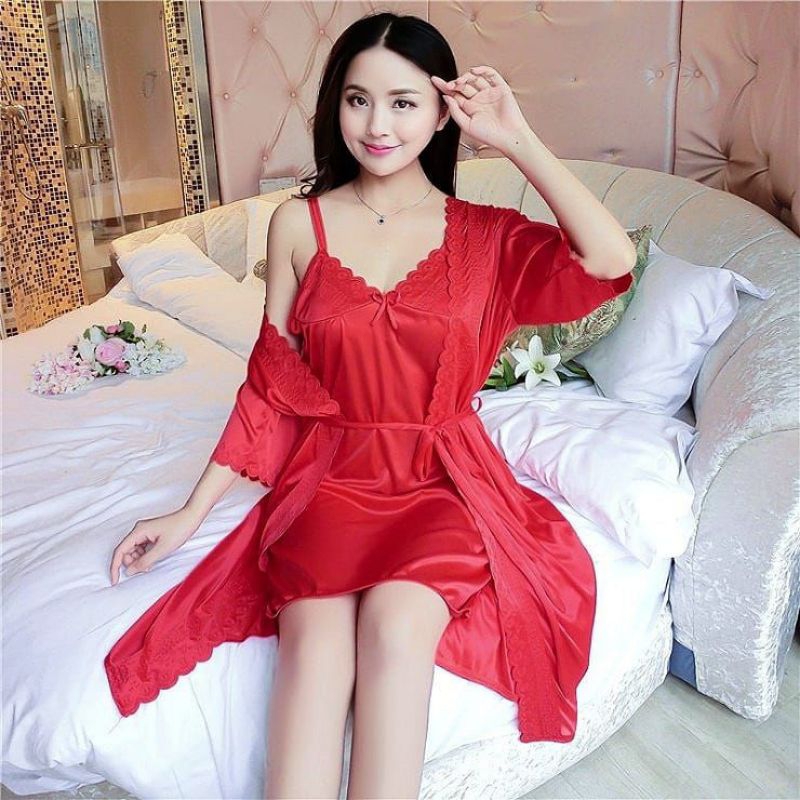 SN_BAJU TIDUR KIMONO LINGERIE SEXI 2IN1 WARNA MERAH JUMBO TRICOT SATIN IMPORT