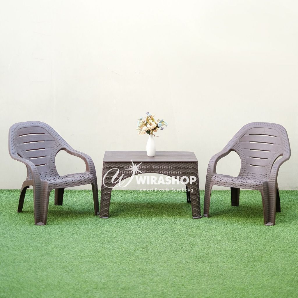 Kursi Santai Rotan Olymplast OL 509 / (kursi set meja) Meja Plastik Motif Rotan OCT-R/ Meja Plastik 