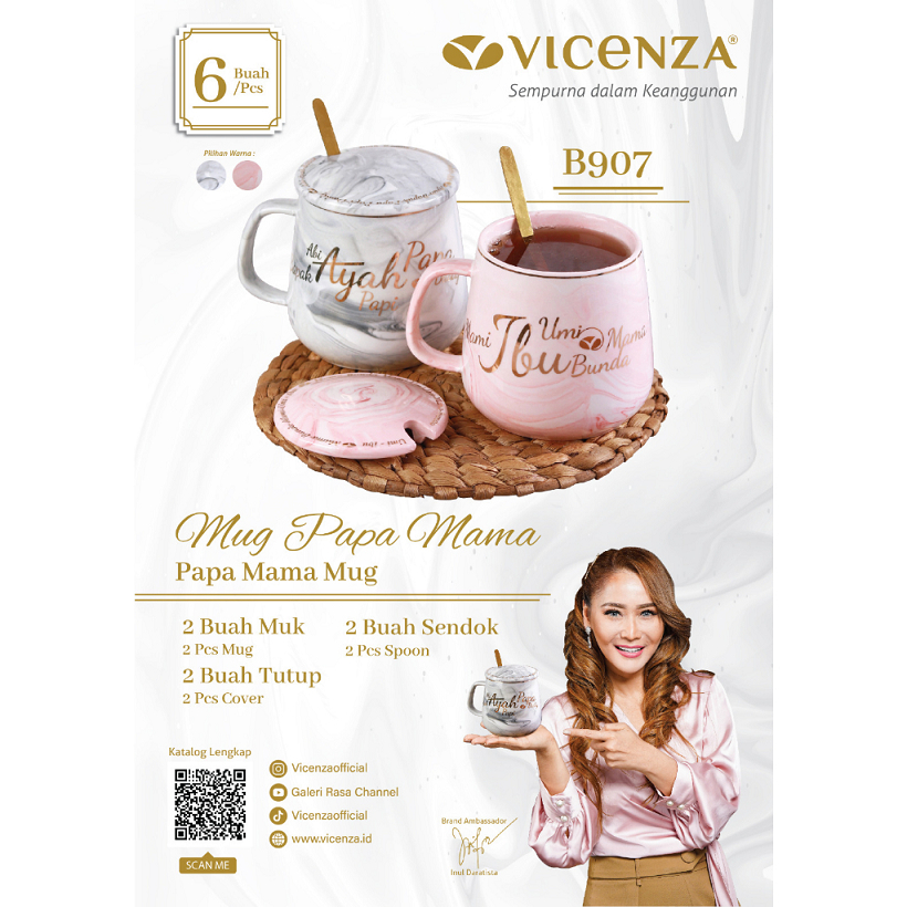 VICENZA B907 Mug Cangkir Couple Dengan Tutup Free Sendok Teh Mug Papa Mama Estetik