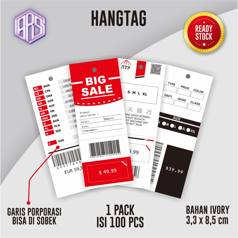 

(100pcs) hang tag label baju/ hangtag barcode garis porporasi/ hangtag import