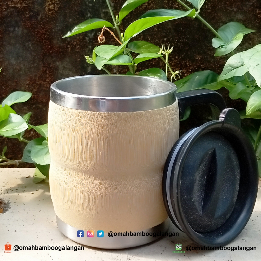 Mug Bambu Stainless Costum Bambu, Mug Gelas Cangkir Bambu Cover Stainless Souvenir Mug Bambu Antik