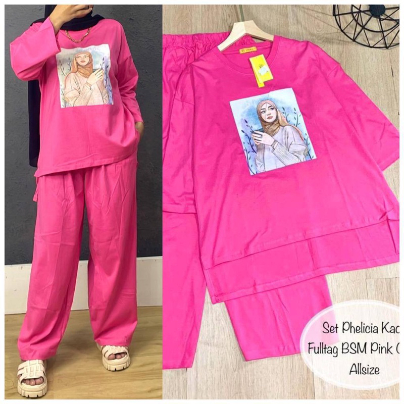 Setelan Tunik Kaos Wanita Lengan 7/8 Setcel Kaos Oversize