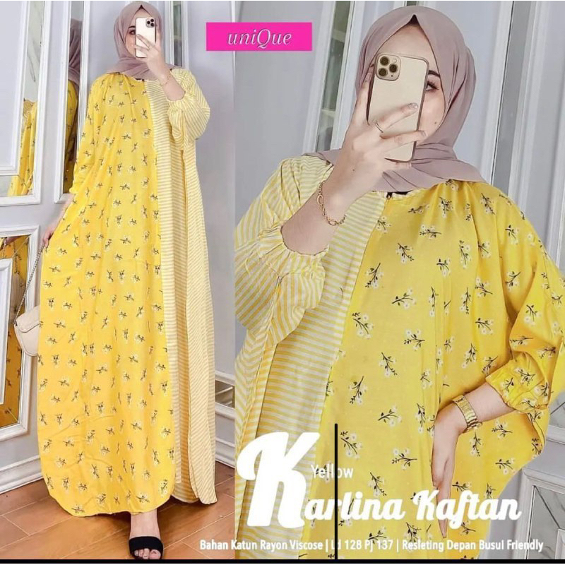 Kaftan Wanita - Daunda Kaftan Size Jumbo XXXXL Motif Daun Lengan Panjang Busui Resleting by Nadira_Fashion / Gamis Rayon Jumbo Kaftan Terbaru-Karlina yellow