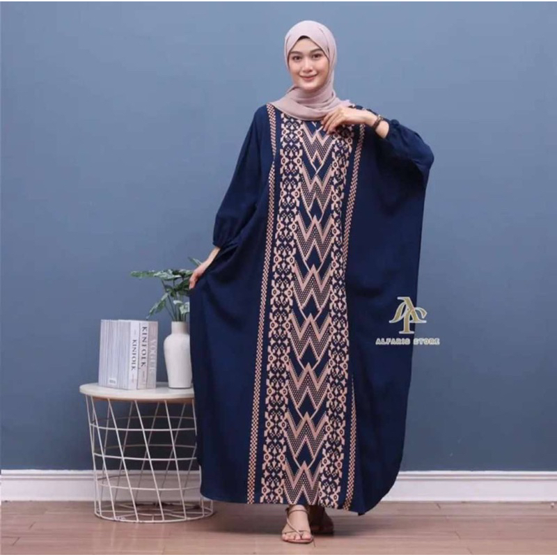 Kaftan Wanita - Daunda Kaftan Size Jumbo XXXXL Motif Daun Lengan Panjang Busui Resleting by Nadira_Fashion / Gamis Rayon Jumbo Kaftan Terbaru-Hana navy