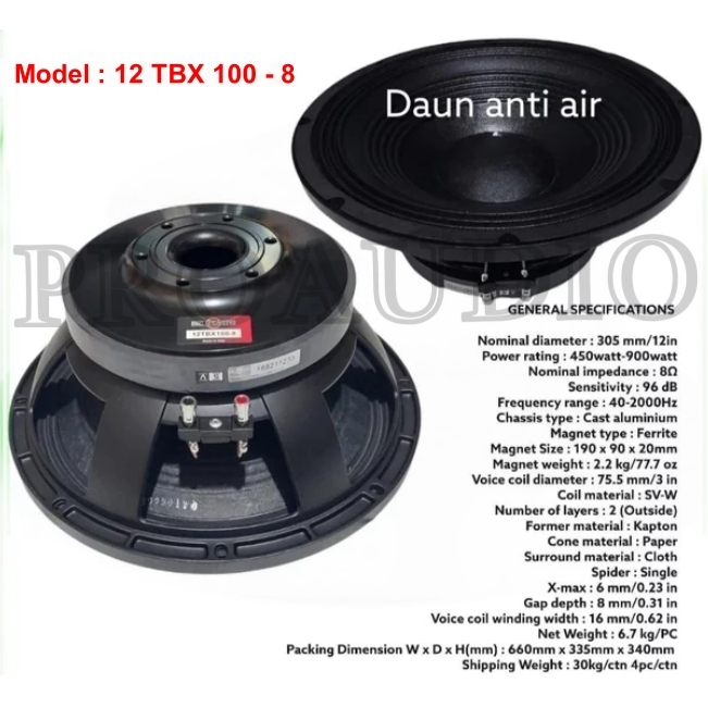 Speaker Komponen B&C 12 TBX 100 8 / B&C 12TBX100 - 9 Component 12 inch 1200 Watts