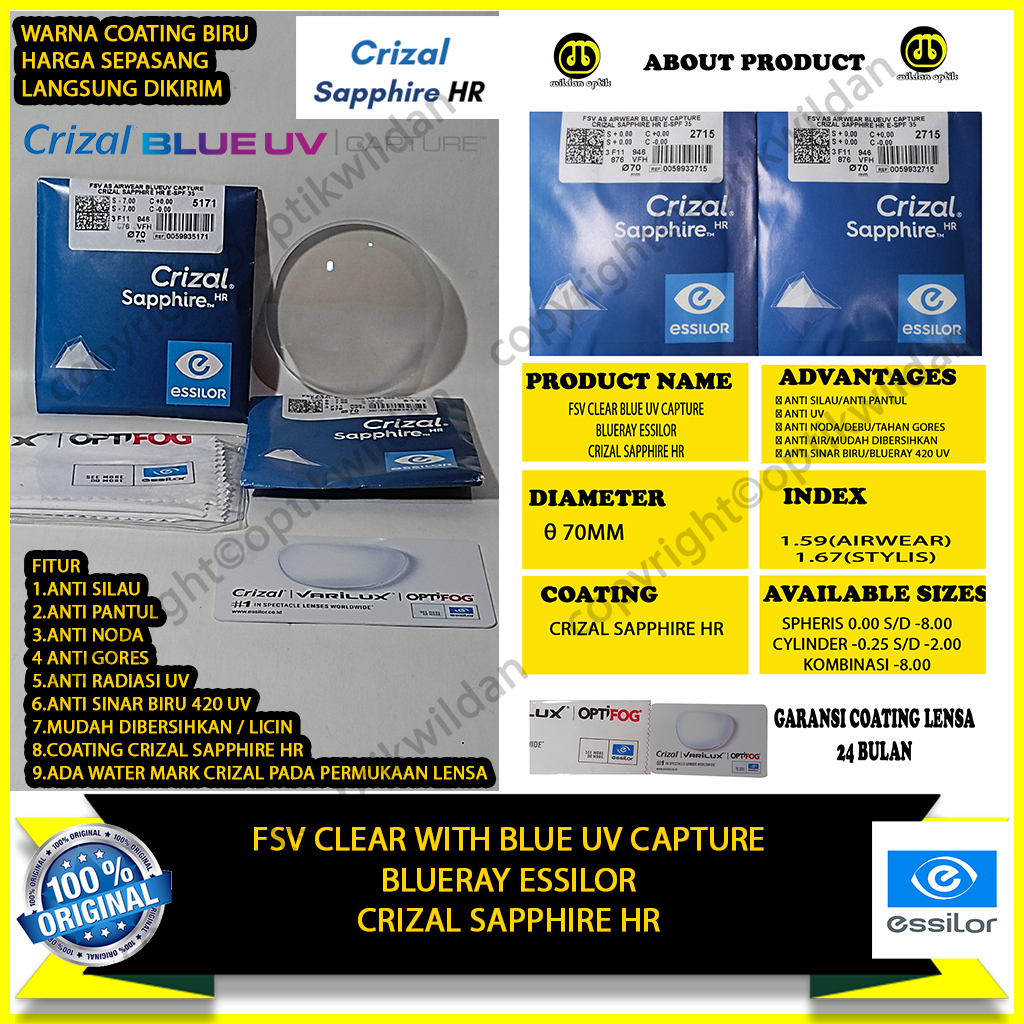 ESSILOR BLUERAY FSV BLUE UV CAPTURE 1.59 AIWEAR CRIZAL SAPPHIRE HR ORIGINAL COATING CRIZAL TERBARU