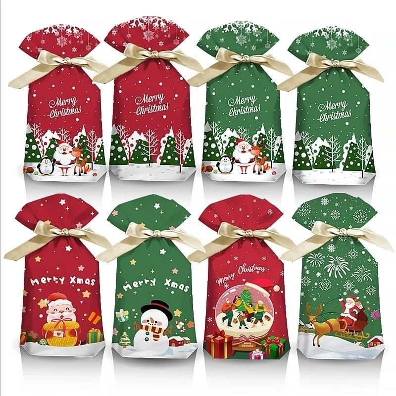 

Goodie Bag Plastik Serut Natal 10 PCS Candy Pouch Drawstring Doff Christmas Packaging Ribbon Hampers RC0367