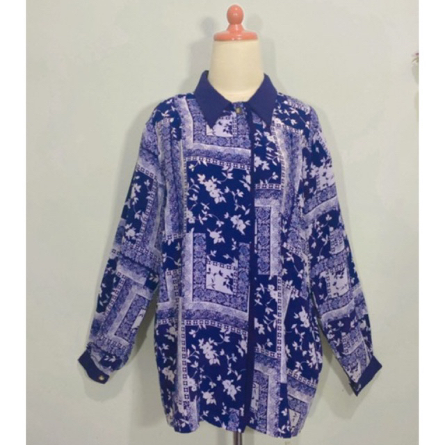 Atasan wanita Blouse blus Kemeja lengan panjang vintage bahan polyester motif bunga floral tropis tr