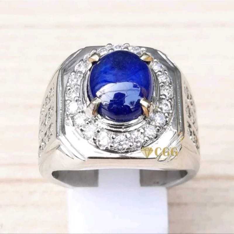 CINCIN PRIA AKIK PERMATA TERMURAH BATU BLUE SAFIR ASLI NATURAL RING PERAK BANGKOK 926 SIAP PAKAI