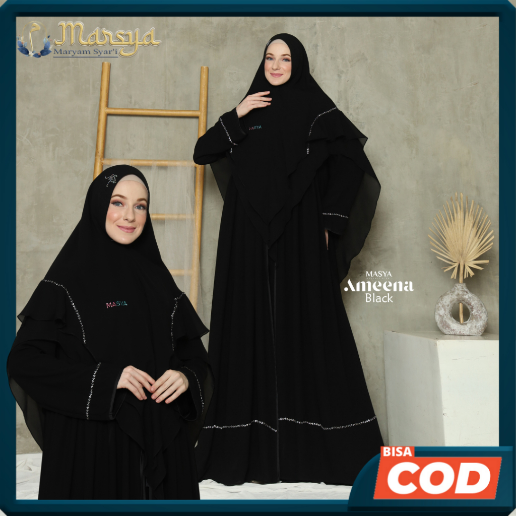 Set Baju Gamis Dress Sifon Hitam Jetblack Black Stripe Mewah Premium Ori Branded Masya Syari Origina