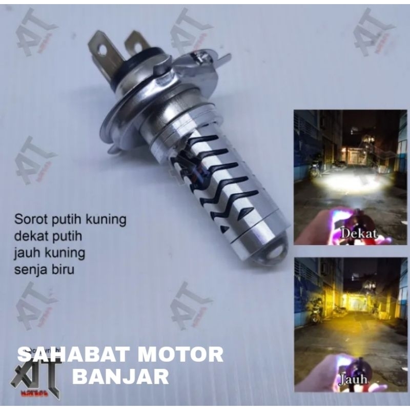 Lampu Utama Laser 2 Warna Putih - Kuning Senja Biru H4 - Lampu LED Kaki H4 Vixion - Byson - MX King 
