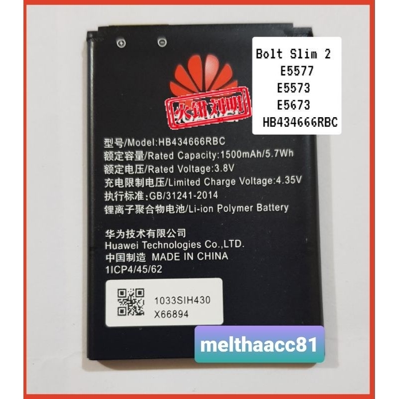 Baterai Bolt Slim 2 / E5673 E5573 E5577 Original Baterrai Bolt Slim HB434666RBC