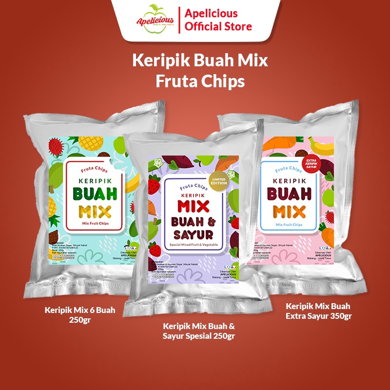 

12.12 HARGA GROSIR APELICIOUS KERIPIK BUAH MIX 250g (MIX 6 BUAH) / KERIPIK BUAH SAYUR MIX 350g Fruta Apelicious !!