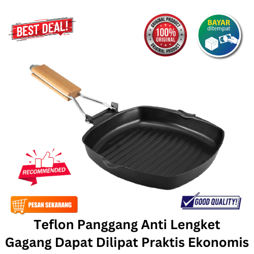 [BISA COD] PROMO Teflon Panggang Anti Lengket Gagang Dapat Dilipat Praktis Ekonomis Grill Pan Wajan 