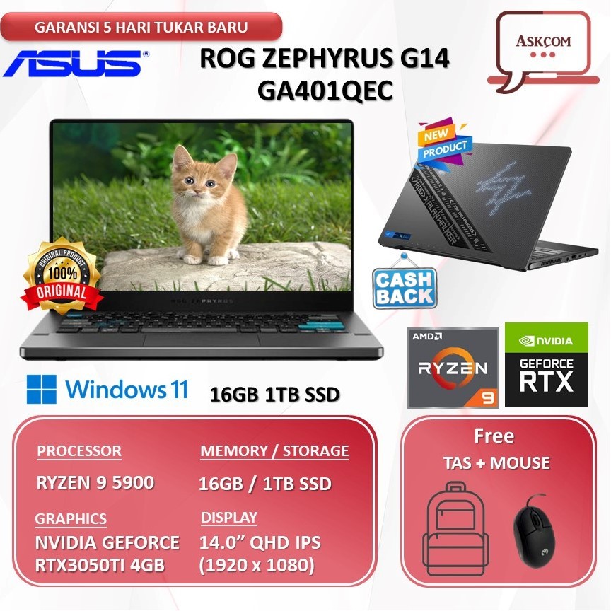 Asus Rog Zephyrus G14 GA401QEC ALAN WALKER RTX3050TI 4GB RYZEN 9 5900 16GB 1TBSSD W11 14.0QHD IPS