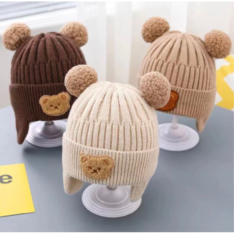 TOPI BAYI BEAR KNOT HAT PREMIUM TOPI POMPOM BAYI BABY KNOT HAT POMPOM KNIT RAJUT KUPLUK BAYI NEWBORN