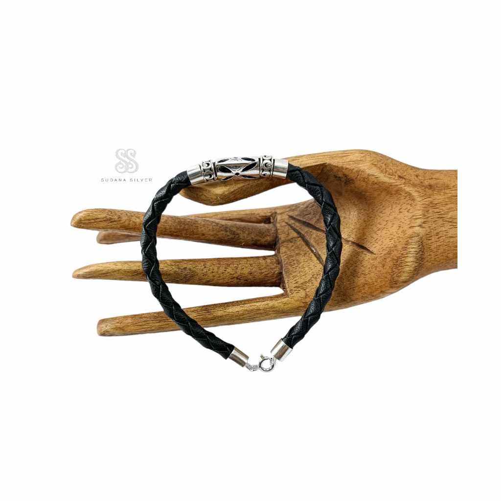 Gelang Perak Kulit Hitam Silver 925 Aksesoris 5mm