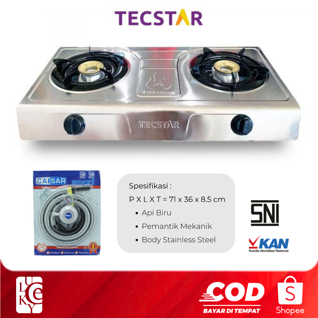 Kompor Gas 2 Tungku Tecstar TG-688 CSJ Body Stainless Steel Burner Kuningan Api Biru