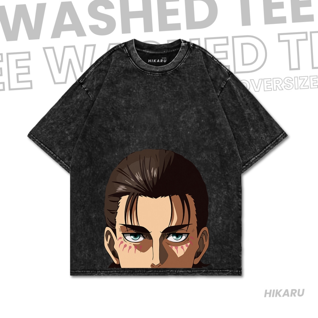 HIKARU Kaos ATTACK ON TITAN "EREN JAEGER" Oversize Washed T-Shirt | Stone Wash T-Shirt | Kaos Anime|