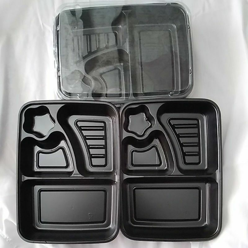 [10 pcs+Tutup] Mika Bento Plastik Sekat 4 + Tutup / MIka Tray Bento 4 Sekat Hitam / bekal sekolah an