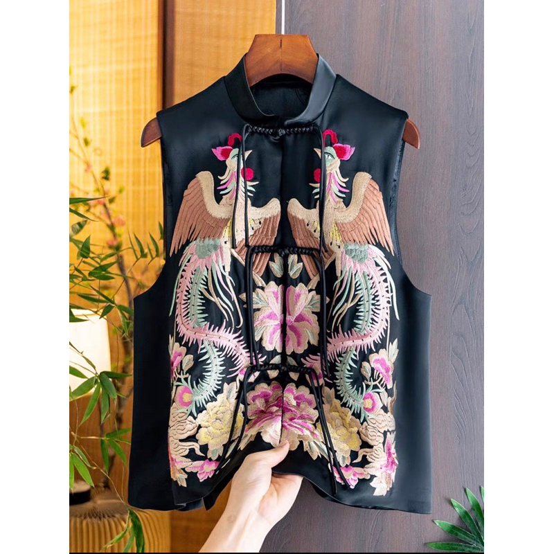 Atasan Cheongsam Wanita , Baju Imlek Wanita berbahan Satin motif shio ayam