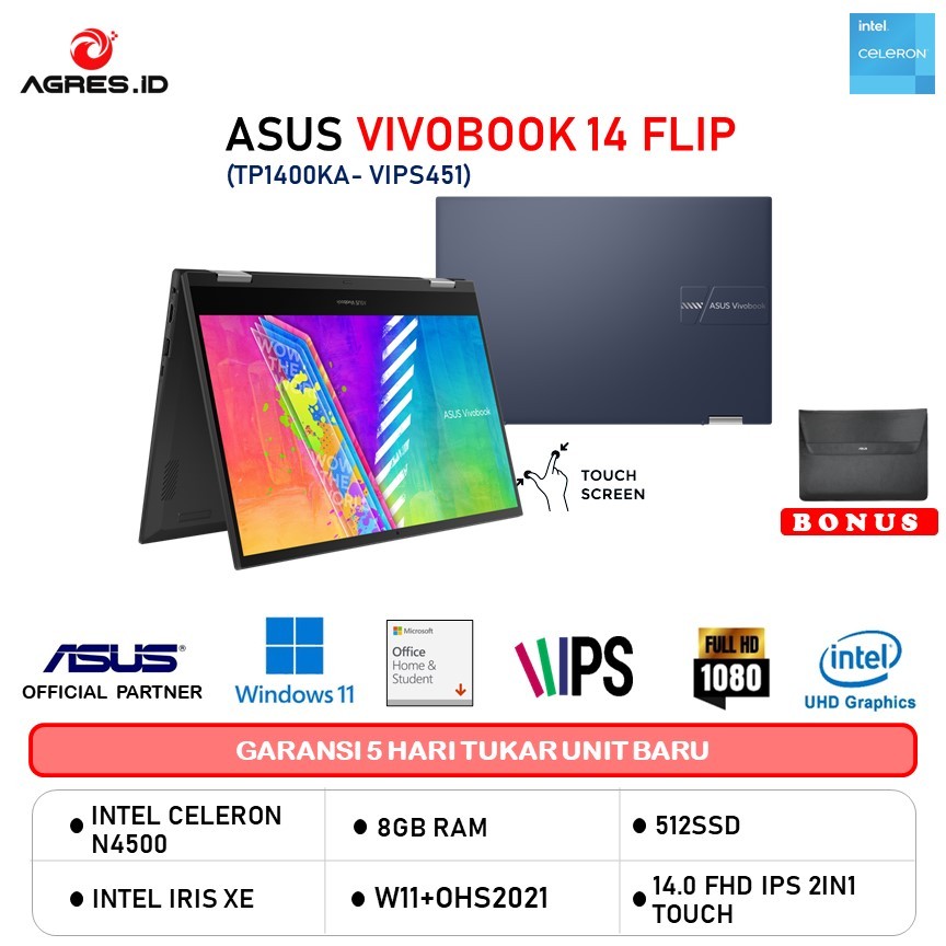 ASUS VIVOBOOK 14 FLIP TP1400KA NON TOUCH N4500 8GB 512GB W11+OHS 14.0FHD VIPS  2IN1 BLU -VIPS451