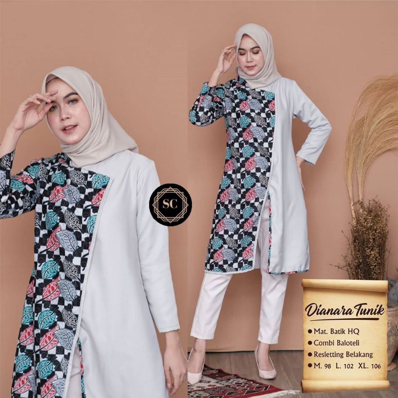 Baju Batik Atasan Wanita Tunik Batik Motif Soft Kombinasi Abu Size Jumbo