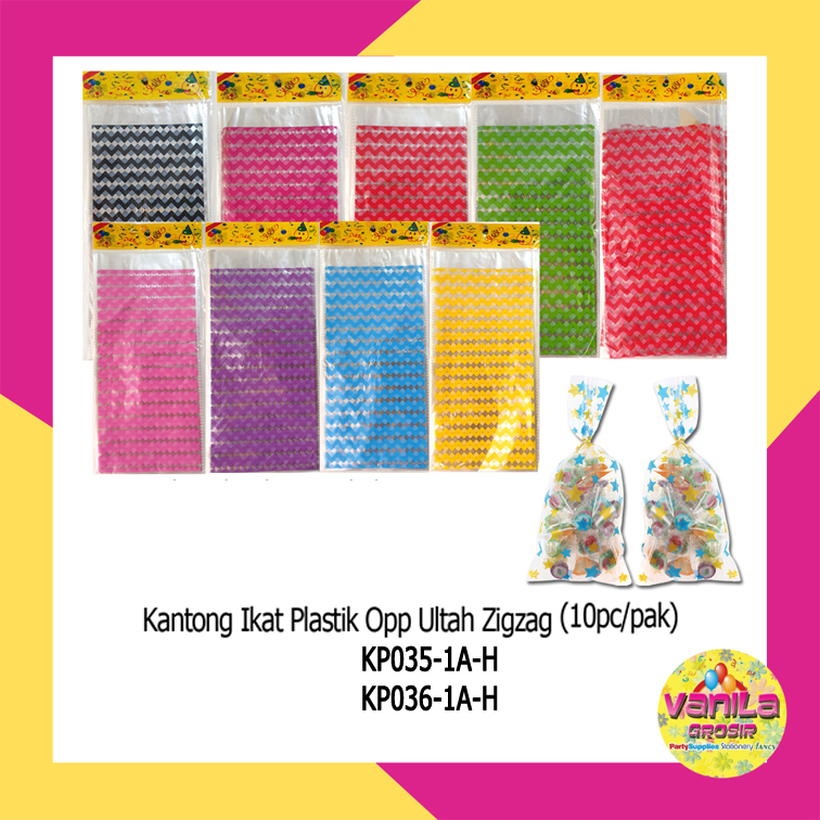 

(Isi 10Pcs Uk S) Kantong Ikat Plastik Opp Ultah Motif Zigzag, plastik snack ultah, kantong souvenir, tas plastik kado ultah